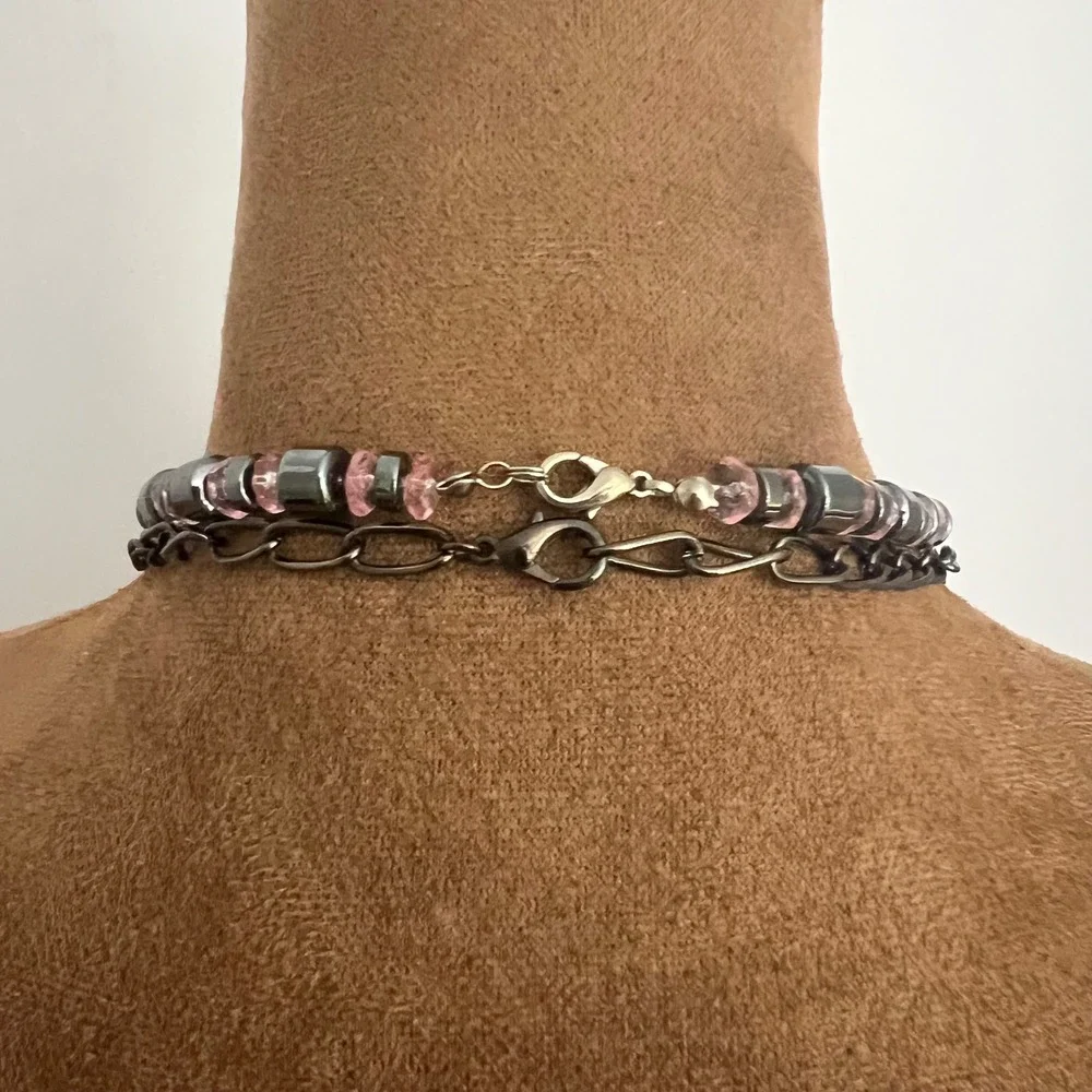 Gunmetal Layered Faux Pearl Pink Bead Chain 2 Necklaces  17